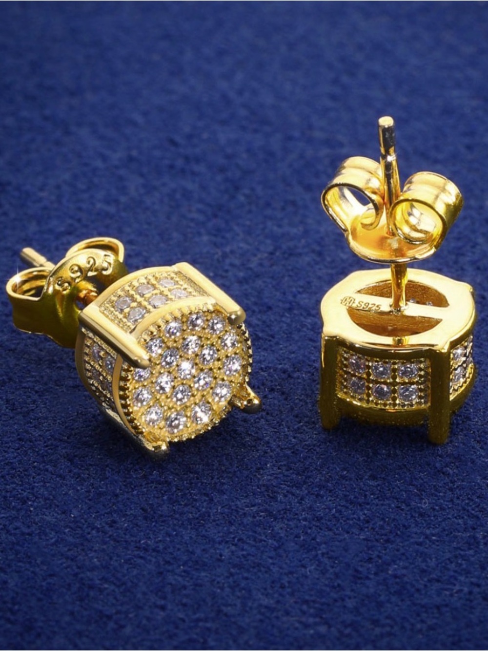Gold Plated Round Pavé Stud Earrings with Clear CZ’s. New. - Picture 4 of 11